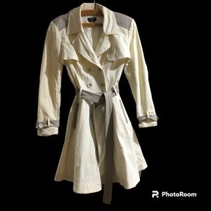 BeBe Off White Flared Full Skirt Trench Coat Belted Double Breasted